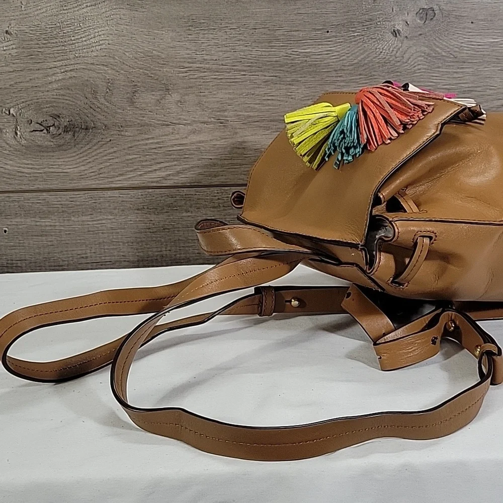 Rebecca Minkoff Tan Leather Backpack with Multicolor Tassels